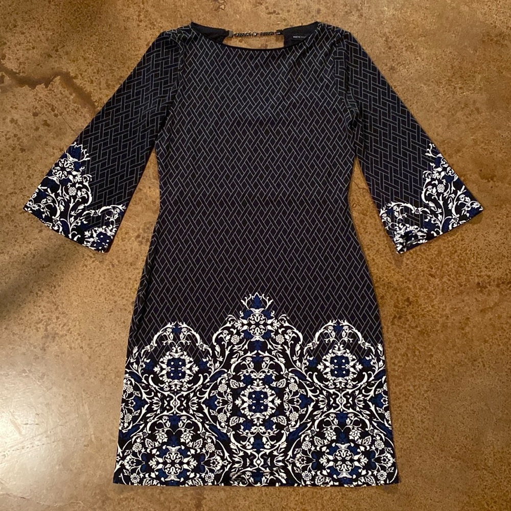 White House Black Market black floral jersey knit bell sleeve mini sheath dress‎